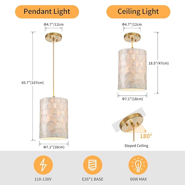 LUMFURN 1-LIGHT CAPIZ SHELL CHANDELIER, COASTAL DESIGN, MODERN PENDANT LIGHT FIXTURE FOR DINING ROOM, LIVING ROOM, KITCHEN ISLAND, D7 X H18~66″(ADJUSTABLE HEIGHT), SHELL LAMPSHADE & GOLD FINISH FRAME