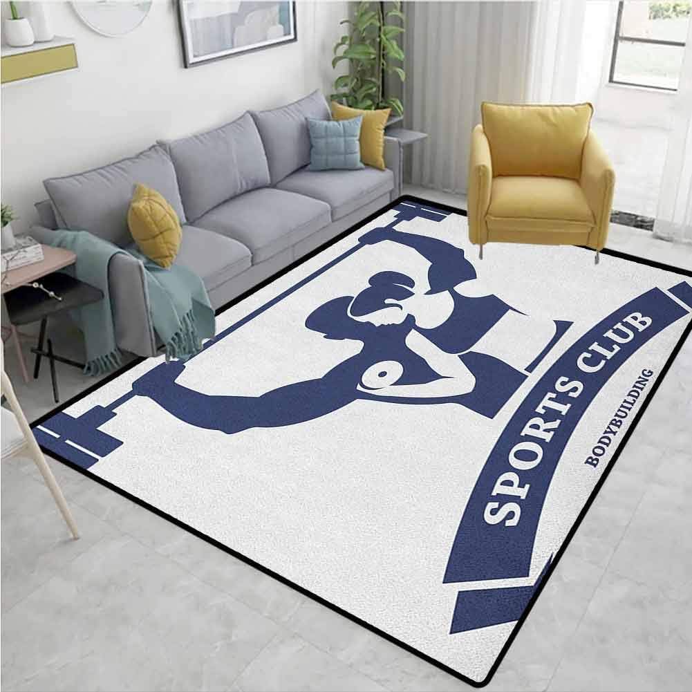Area Rugs Fitness,Print,Sports Bodybuilders Club Man and Woman with Dumbbells Muscles Biceps Form,Large Carpet for Living Room Bedroom Playing Room,Dark Blue White 2'x8'