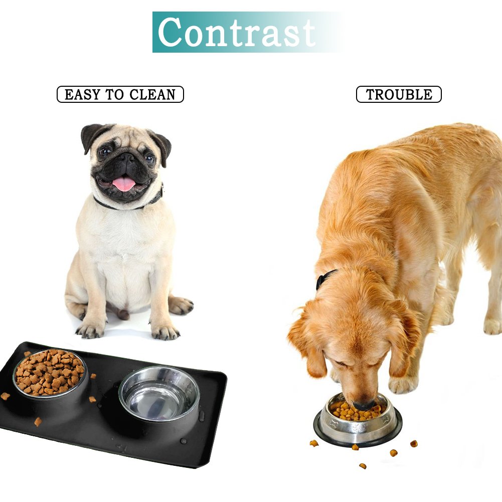 Home of Boutique Dog Bowls, Stainless Steel Pet Food Bowl, Cat Water Bowls with No-Spill Anti-Slip Silicone Mat for Large or Medium Dogs or Cats, Set of 2 Bowls (L, Black)