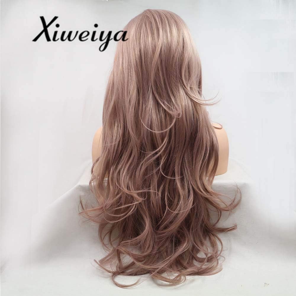 Xiweiya Long Wavy Wig - Light Pink Synthetic Lace Front Wig, Heat Resistant, 24" - Image 5