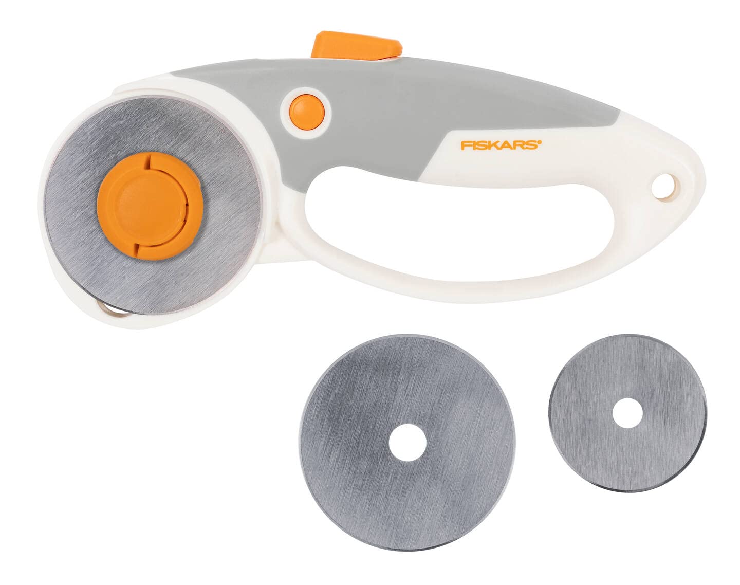 Fiskars Duoloop titanium rotary cutter, rotary blade with loop handle, right and left-handed, blade diameter: 45 mm and 60 mm, orange/white/grey, 1066048