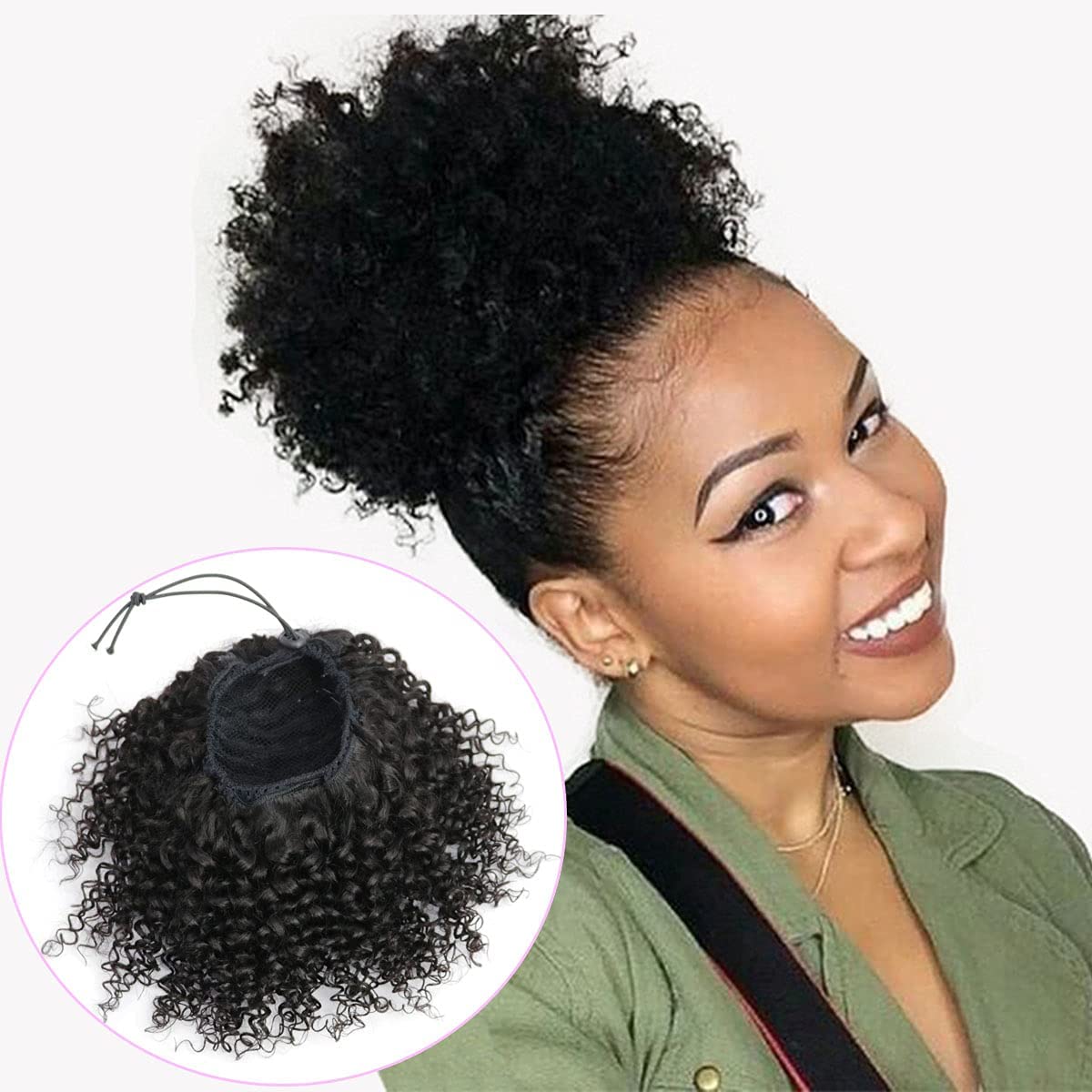 Photo 1 of FEIPRO Natural Drawstring Ponytails Real Human Hair for African Black Women Girls Kids,short Afro Puffs Hair Buns Kinky Curly Hairpieces With 2 Stable Combs (8 Inch,#1B Natural Black)