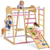 Indoor Playground Jungle Gym, Montessori Playset With Slide and Swing | Natural wood, slide, swing, monkey bars, ladders, climbing net, rock wall, Montessori play gym for kids ages 3-6