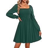 Holipick Women's Casual Square Neck Smocked Dress Shirred Ruffle Puff Sleeve High Waist Cute Flowy A-Line Short Dress