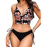 ChiaoLezhee Crop Deep V Low-Rise Bikini Sets for Women&Teen Girls, Floral Top and Side-Tie Bottom Trendy Two Piece