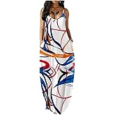 Fussangshu Women's Summer Maxi Dress Long Dress Casual Boho Sleeveless Strap Smocked Tiered Long Beach Sun Dresses