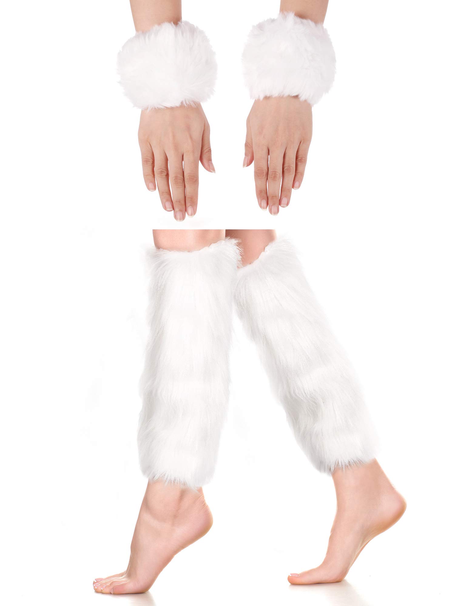 SATINIOR 2 Pairs Faux Fur Cuffs Furry Long Leg Warmer Wrist Cuff Warmer Boot Cuff (White)