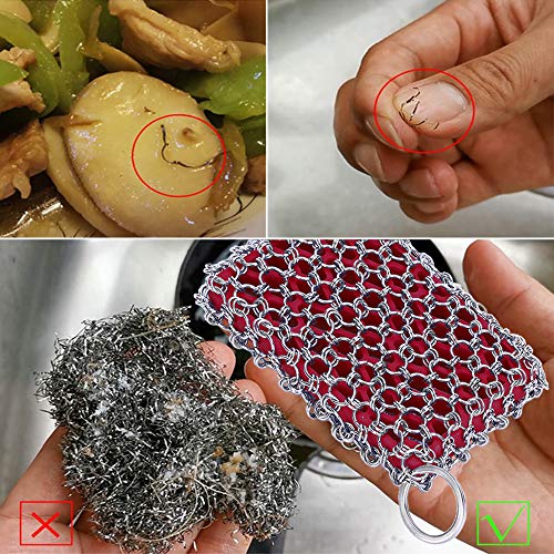 Cast Iron Skillet Cleaner Brush,Premium 316L Stainless Steel Chainmail Cleaning Scrubber Set with Silicone Insert,Kitchen Brush for Sink,Pot, Pan, Pre-Seasoned Pan,Dutch Ovens Waffle Pans Scraper