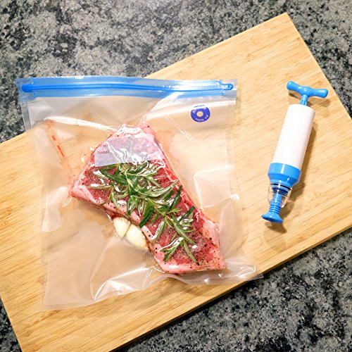 Sous Vide Bags Kit for Anova or Joule Cookers - 18 Reusable Food Vacuum Sealer Bags, 1 Hand Pump, 2 Bag Sealing Clips and 4 Sous Vide Clips - Practical for Food Storage and Cooking BPA Free - Thumbnail 4