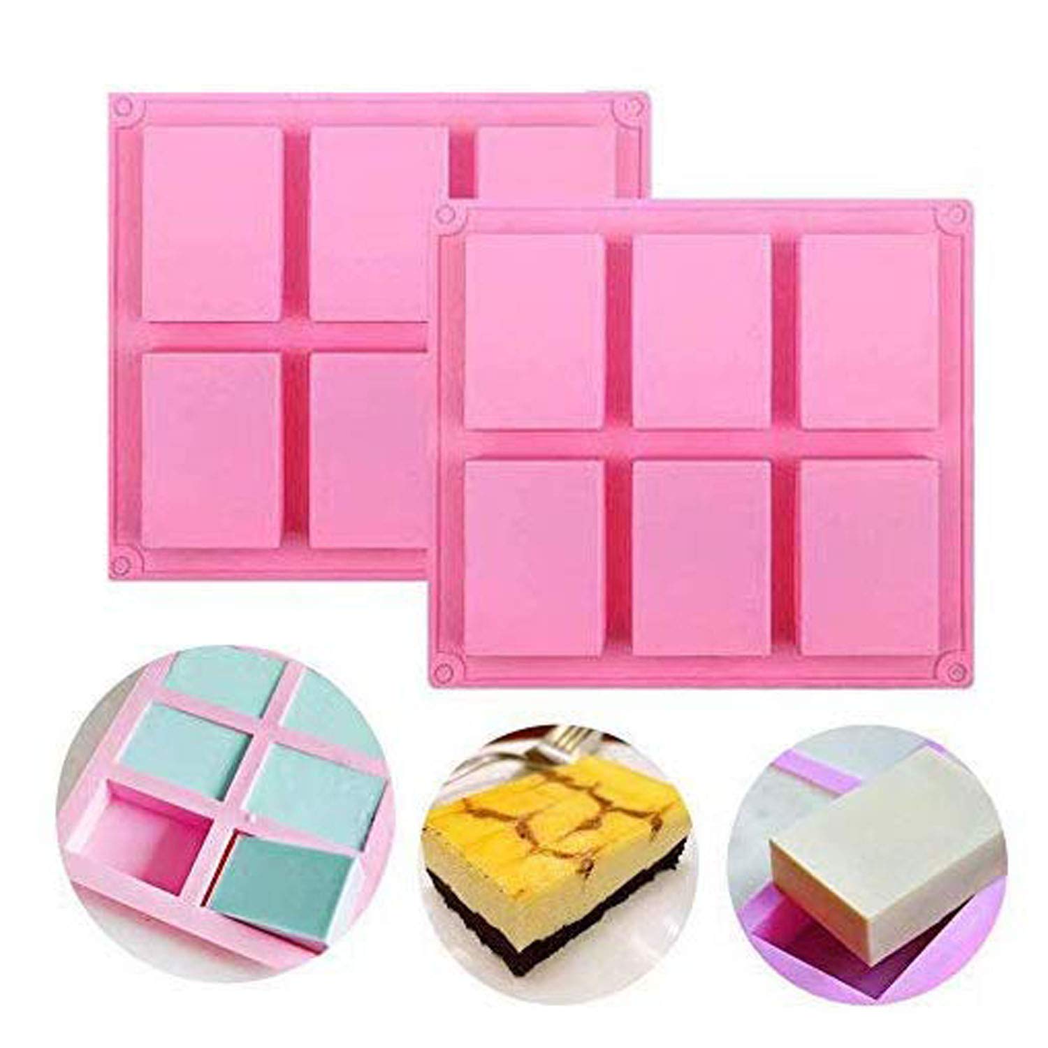 LIZHIGE Silicone Moulds,2 Pcs Soap Making Molds,DIY Handmade Soap,6 Cavity Silicone Mould,for Candy Chocolate Cake & Make Homemade Bar Soap (Pink)