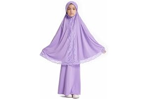 Girls Muslim Prayer Dress Abaya with Lace Hijab 2pcs Set for Kids Islamic Dubai Maxi Dress Arabic Ramadan Jilbab Eid Clothing