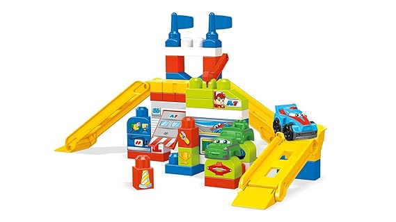 Mega Bloks FVJ02 - Elektrische Rennauto-Werkstatt mit Auto, 60 teiliges Baustein Set inkl. praktischer Box zur Aufbewahrung