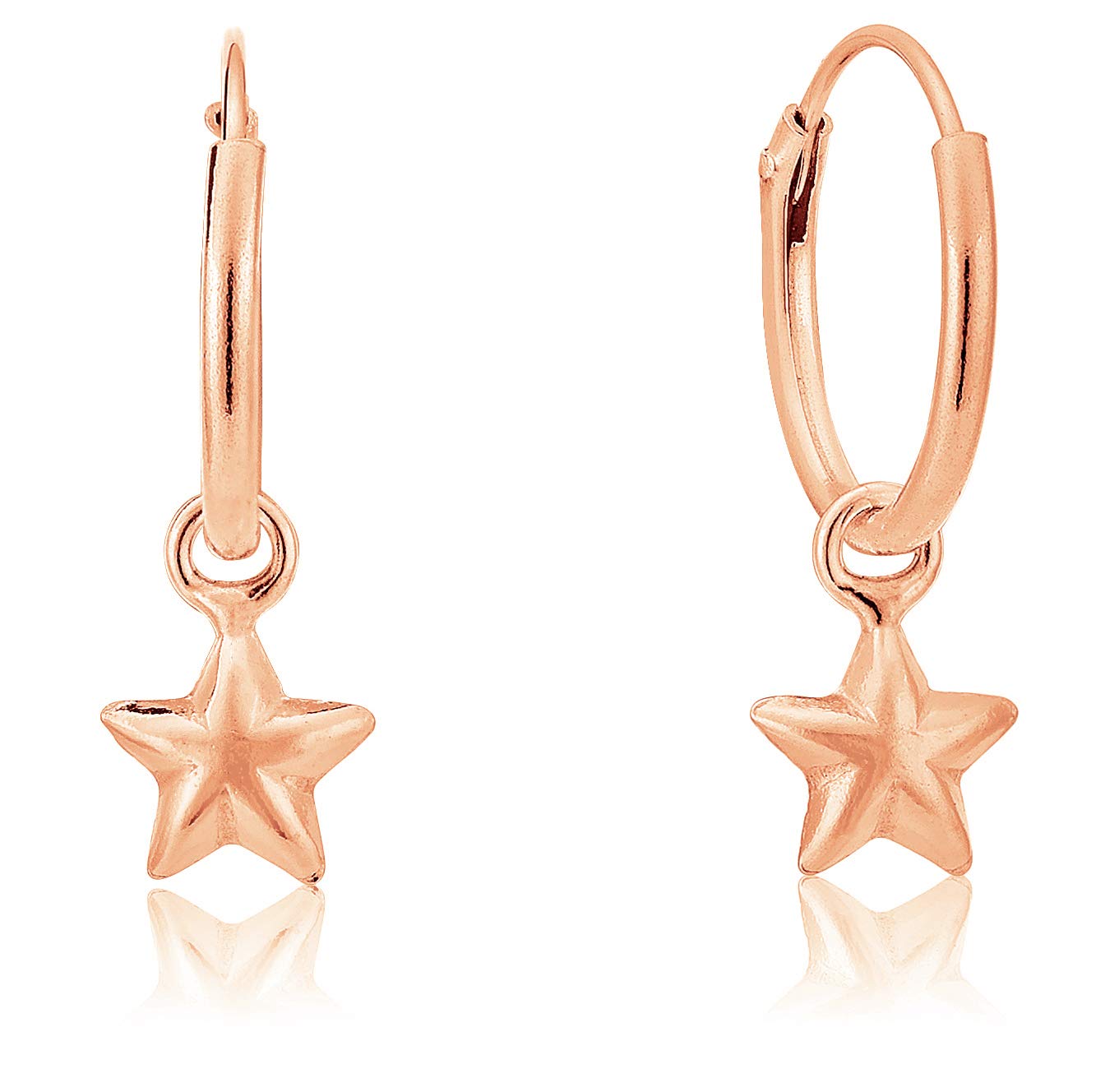 DTPSilver - 925 Sterling Silver and Rose Gold Plated Hoops with Dangling Star Earrings - Hoop 12 mm