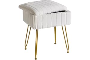 IBUYKE Stool Chair with Storage Space, Footrest Footstool Ottoman, Small Side Table, with 4 Metal Legs, with Anti-Slip Feet, for Makeup Room, Bedroom, White, Faux Fur LG-50W