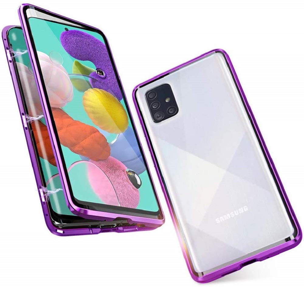 Case for Samsung Galaxy A51 4G Cover,[Magnetic Adsorption][Metal Frame + Front and Back Tempered Glass Transparent]Flip Cover Ultra Thin Full Body Screen 360 Degrees Coverage Protective Case,Purple