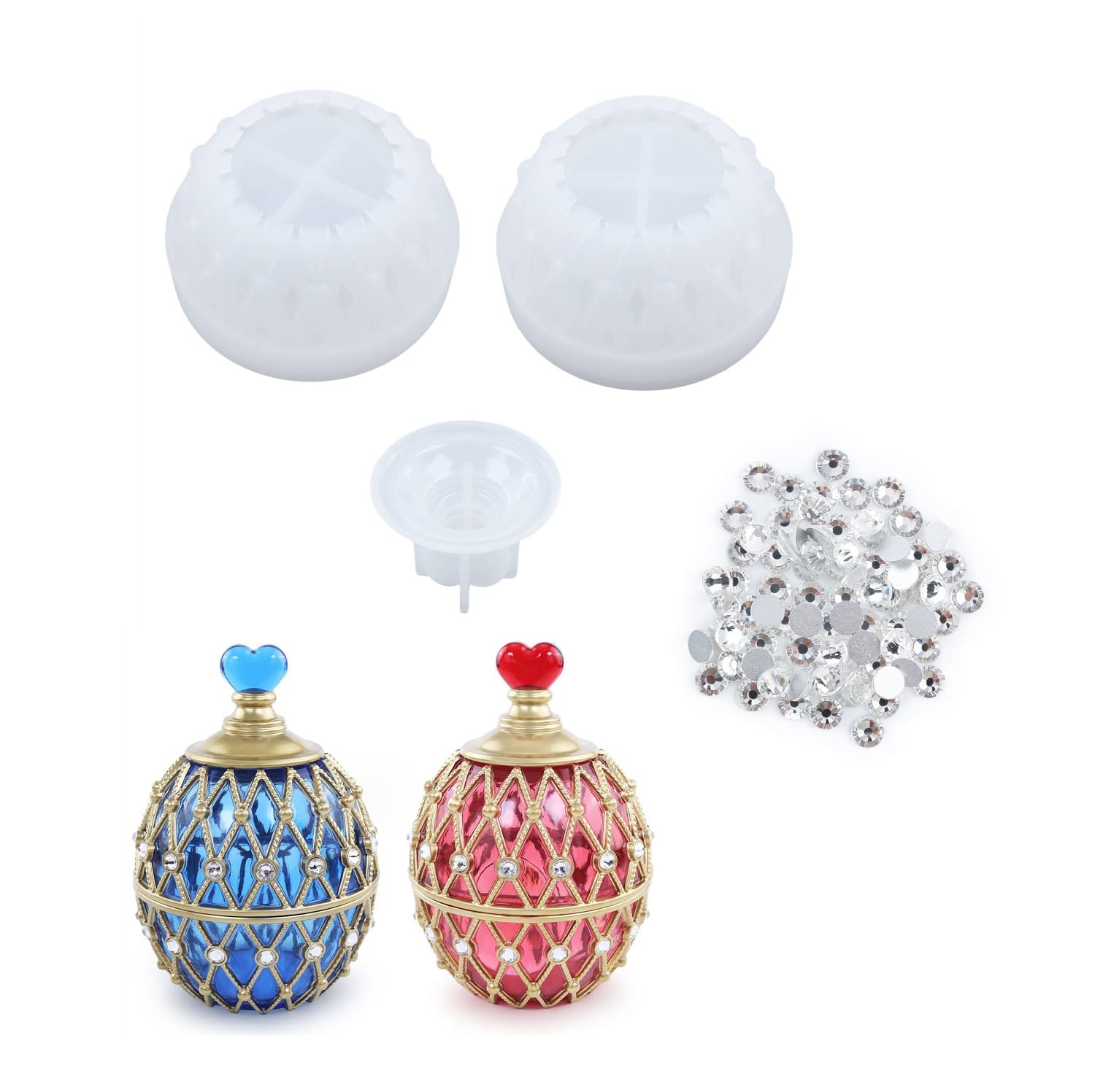 Yalulu Silicone Resin Moulds with 100pcs Rhinestones, Jewelry Box Molds, DIY Jewelry Storage Jar Casting Silicone Mold