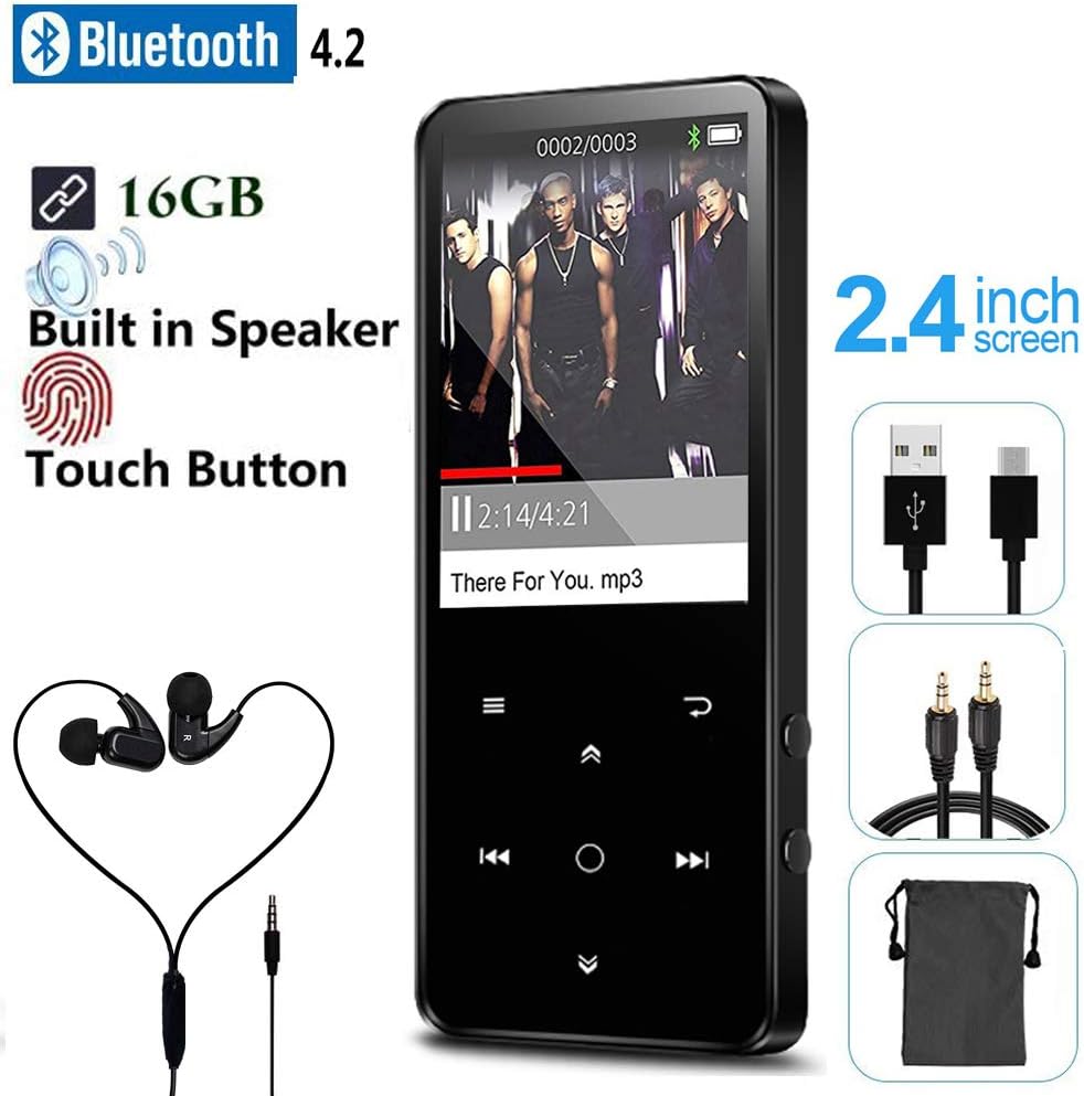 CCHKFEI 16GB Bluetooth MP3 Player 2.4 Inch Screen Lossless Touch Metal with Bluetooth and Speaker FM radio Voice recorder Kids Music Players