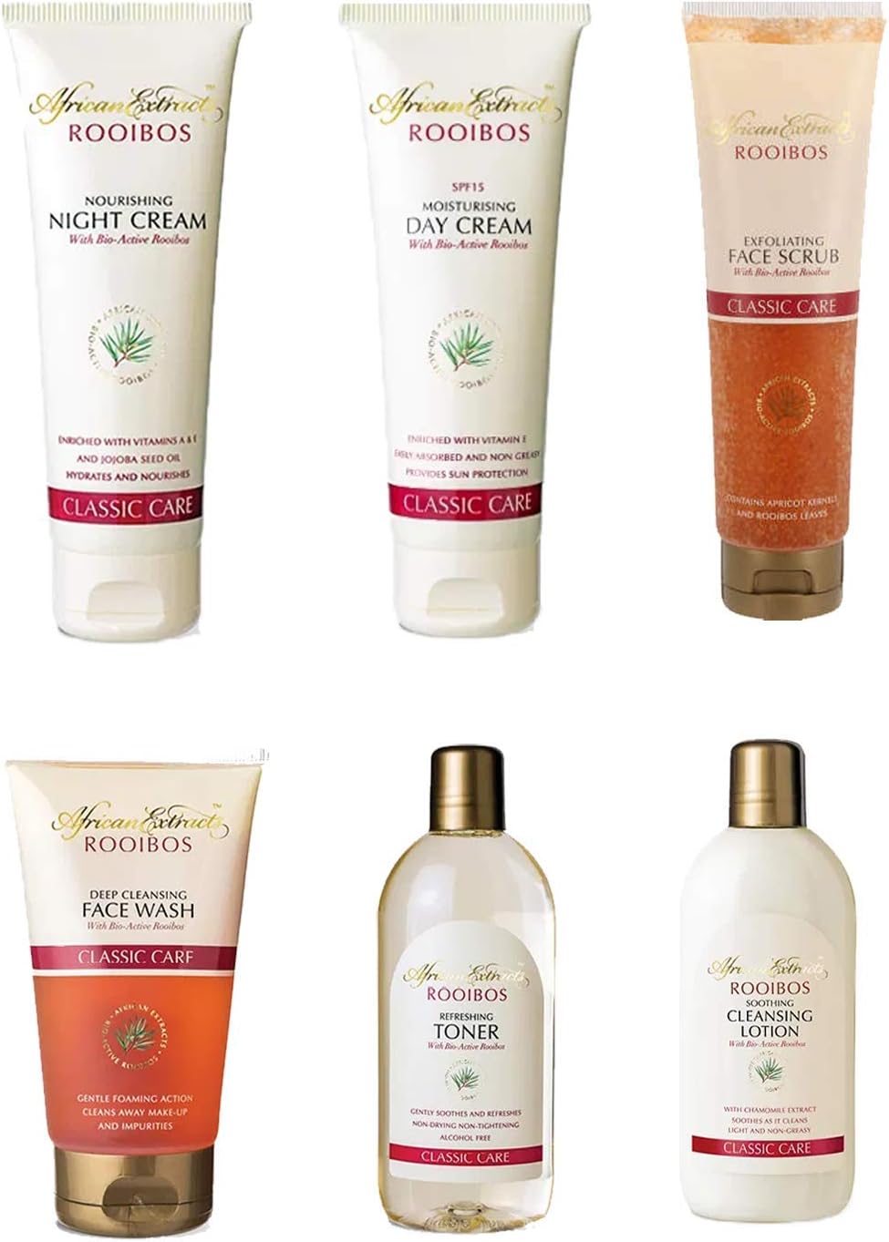 African Extracts Rooibos Face Wash, Face Scrub, Refreshing Toner, Cleansing Lotion, Day Cream and Night Cream Bundle.