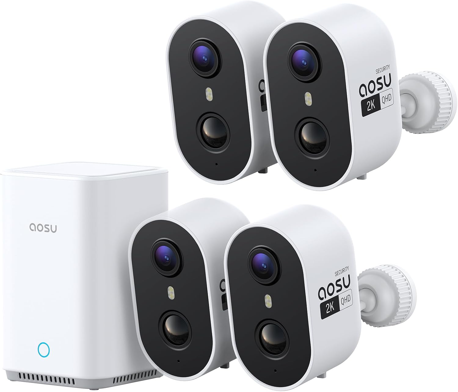 aosu Wireless Indoor/Outdoor Security Camera Kit with aosuBase Local Storage, 2K with 6X Zoom, 4-View Live, Cross-Camera Person Timeline, PIR + AI Human Detection, Color Night Vision, 4-Cam-Kit