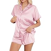 DingCo Satin Pajamas for Women Solid Color, Silky PJs Set with Notch Neck & Adjustable Drawstring Shorts
