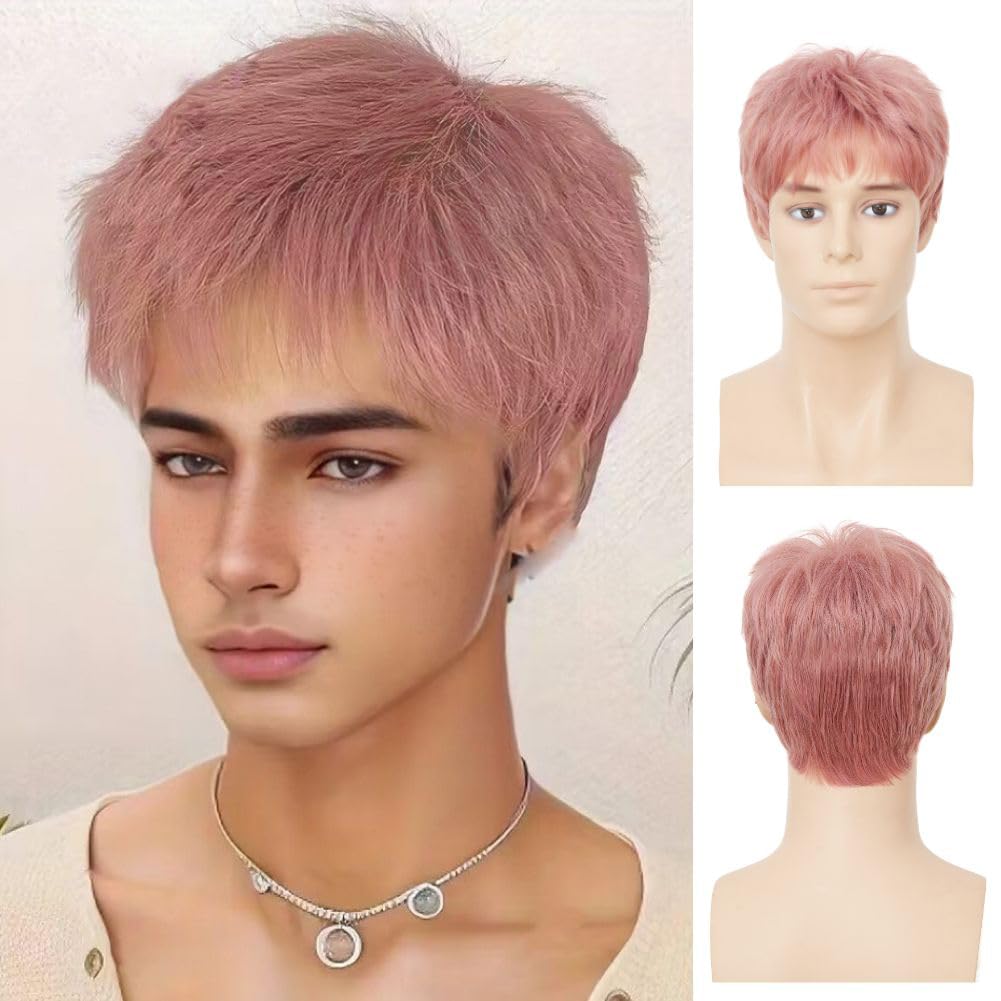 Siudus Pink Short Straight Wigs for Men Shaggy Layered Natural Synthetic Fiber Hair Wig Cosplay Halloween Daily Wig