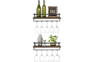 Mkono Wall Mounted Wine Rack Set of 2 Wood Rustic Wine Bottle Glass Floating Shelves with Stemware Hanger Modern Plants Photo