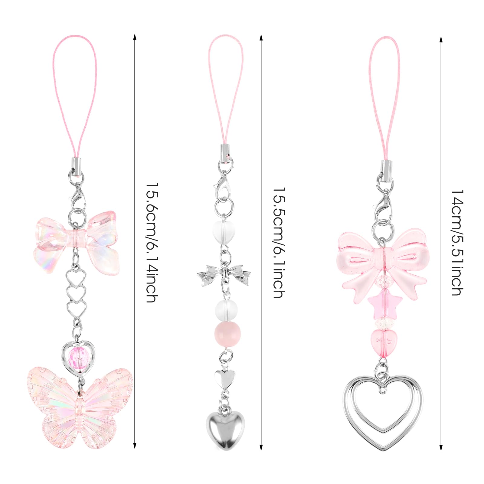 3 Pack Aesthetic Pink Butterfly Heart Shape Cute Y2K Cell Phone Charms for Bag Purse Backpack Camera Decor