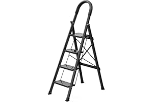 PLEDDANIO Step Ladder 4 Step Folding Step Stool W/Wide Anti-Slip Pedal&Handrail Decorative Aluminum Lightweight Step Ladder for Kitchen Closet Library 330lbs Capacity Black