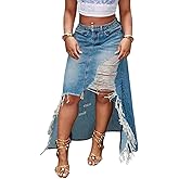 DINGANG Women's Slit Long Denim Skirt High Waist Casual Frayed Midi Jean Skirts with Pockets