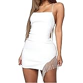 ZGMYC Women Sparkly Rhinestones Tassel Bodycon Mini Dress Sexy Sleeveless Spaghetti Strap Party Dress Clubwear