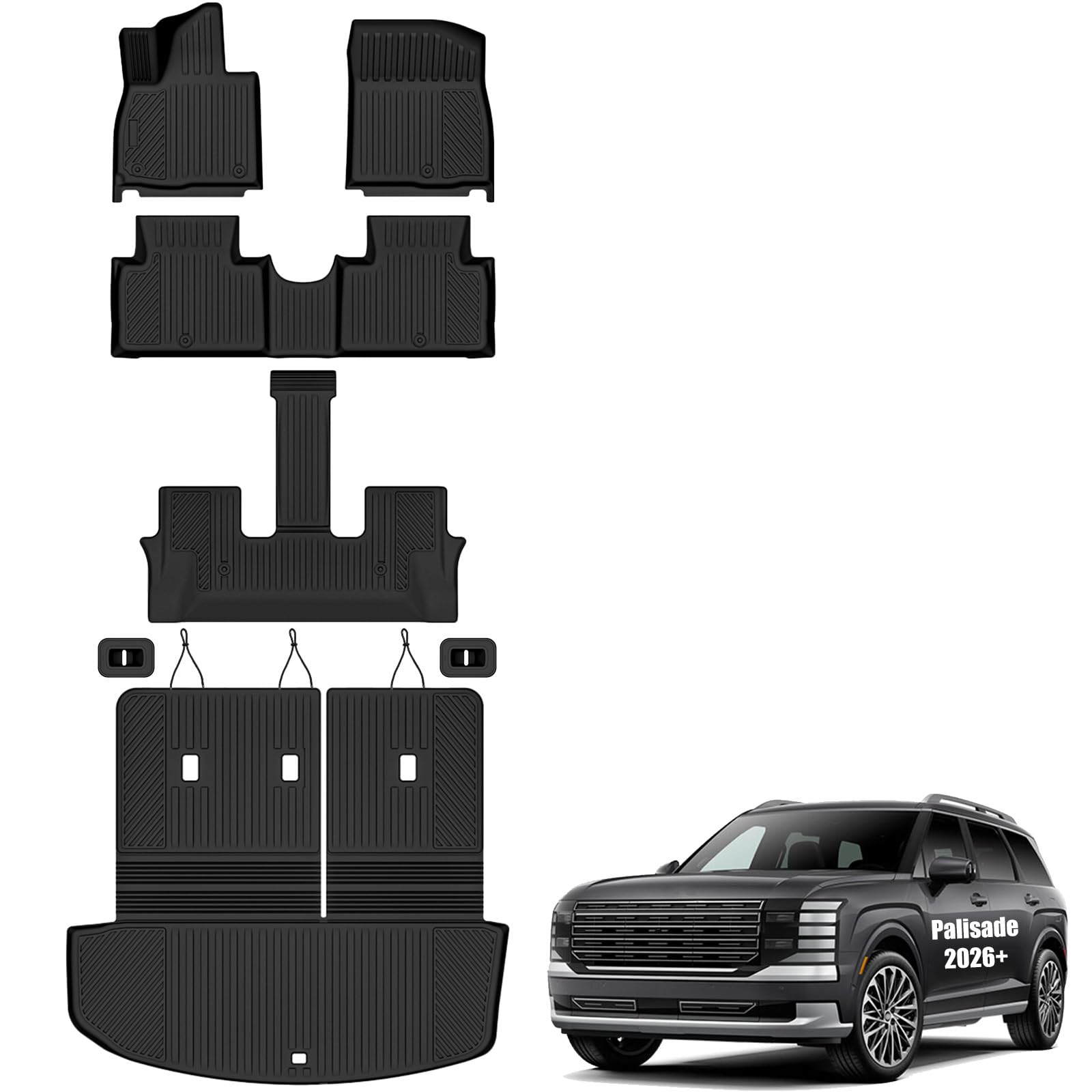 Auxko All Weather Floor Mats Cargo Mat with Backrest Mat for Hyundai Palisade 2026 7/8 Seats Gas Only All Season TPE Accessories Odorless Anti-Slip Floor Liners Trunk Tray with Back Seat Protector Image
