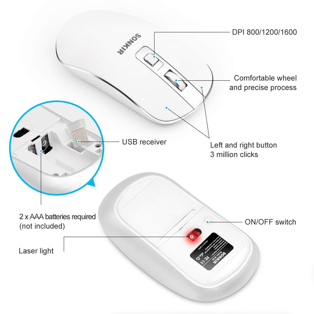 Keyboard and Mouse, Sonkir K-18 2.4GHz Ultra Thin Rechargeable Aluminum Full Size Wireless Keyboard Mouse Set for Windows, Laptop, PC, Notebook (Silver)