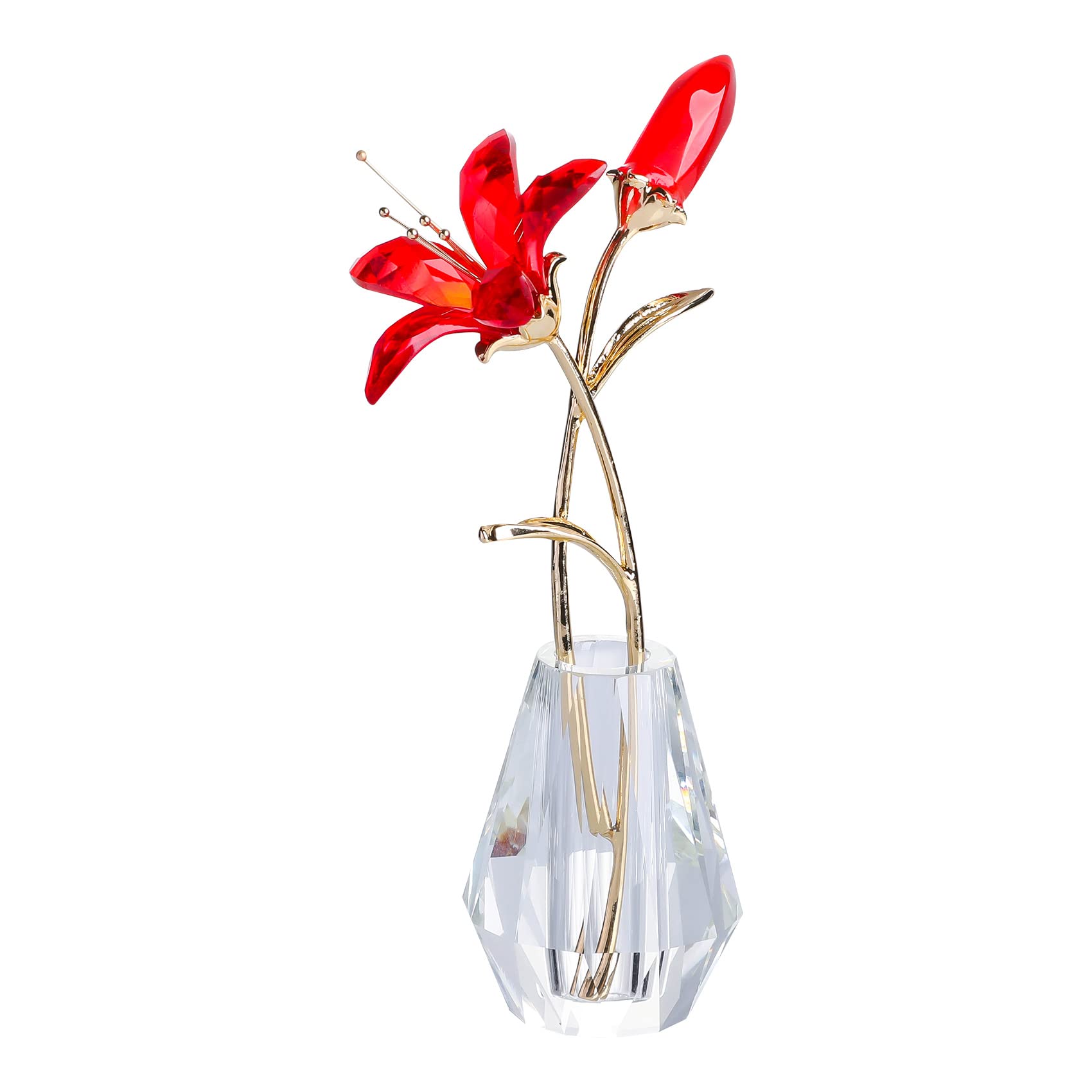 Ornalrist Crystal Lily Flower Figurine with Vase, Handmade Glass Red Lilium Floral Collectible Gifts for Women, Wedding Gifts for Couple Home Party Ornament (Red Lily)