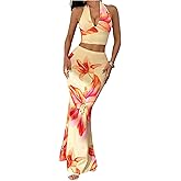 MakeMeChic Women's Summer 2 Piece Sets Floral Open Back Halter Crop Tank Top Flare Maxi Skirt Set