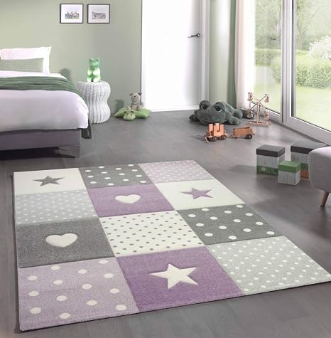 Kinderteppich Teppich Kinderzimmer Mit Stern Herz In Lila Grau