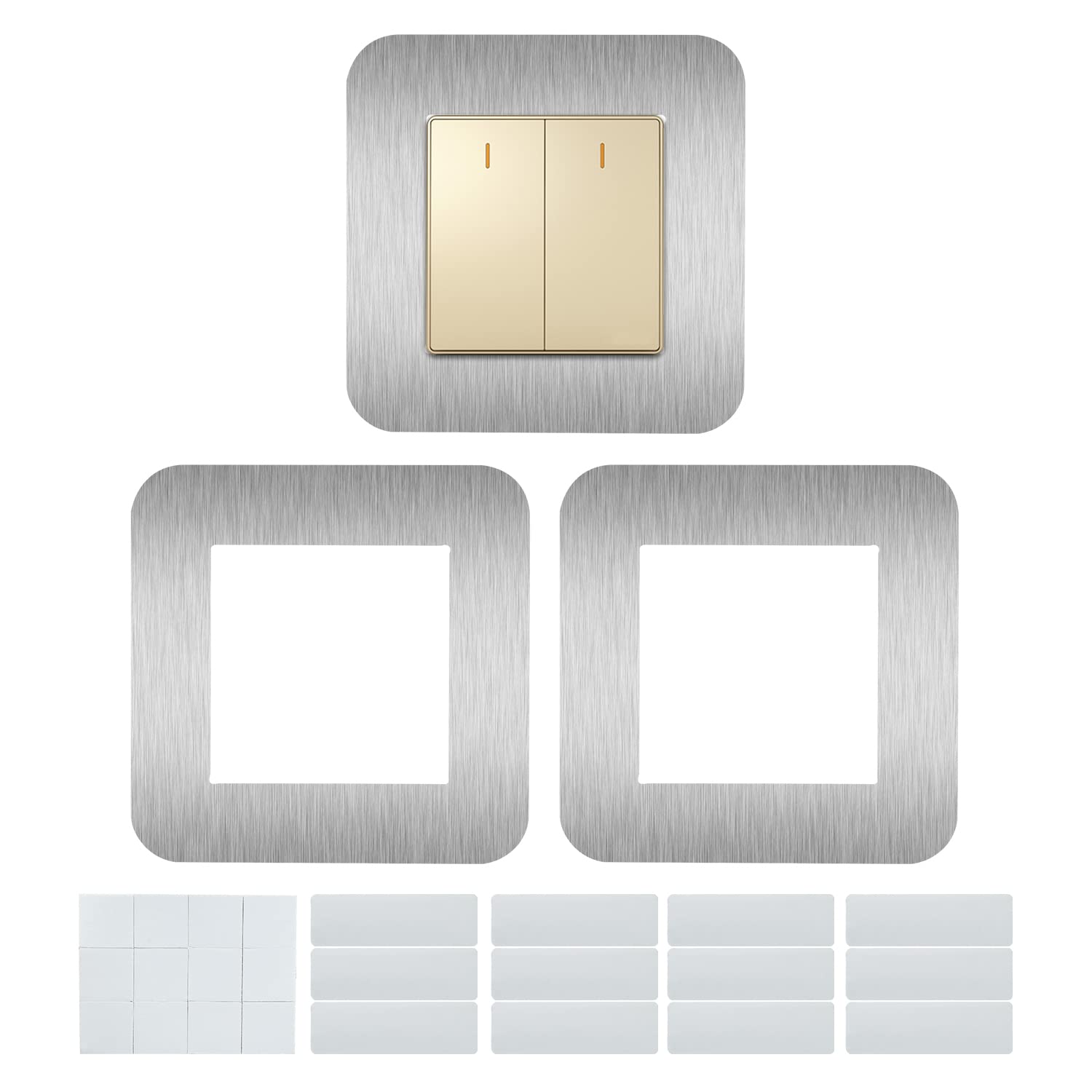 JINTANG 3PCS Light Switch Cover Plates, Light Switch Surround, Surround Single Lights Switch Cover, Switch Sticker Cover for Home Office Wall Switches DIY Decoration (Silvery 3pcs, 8.6cm*8.6cm)