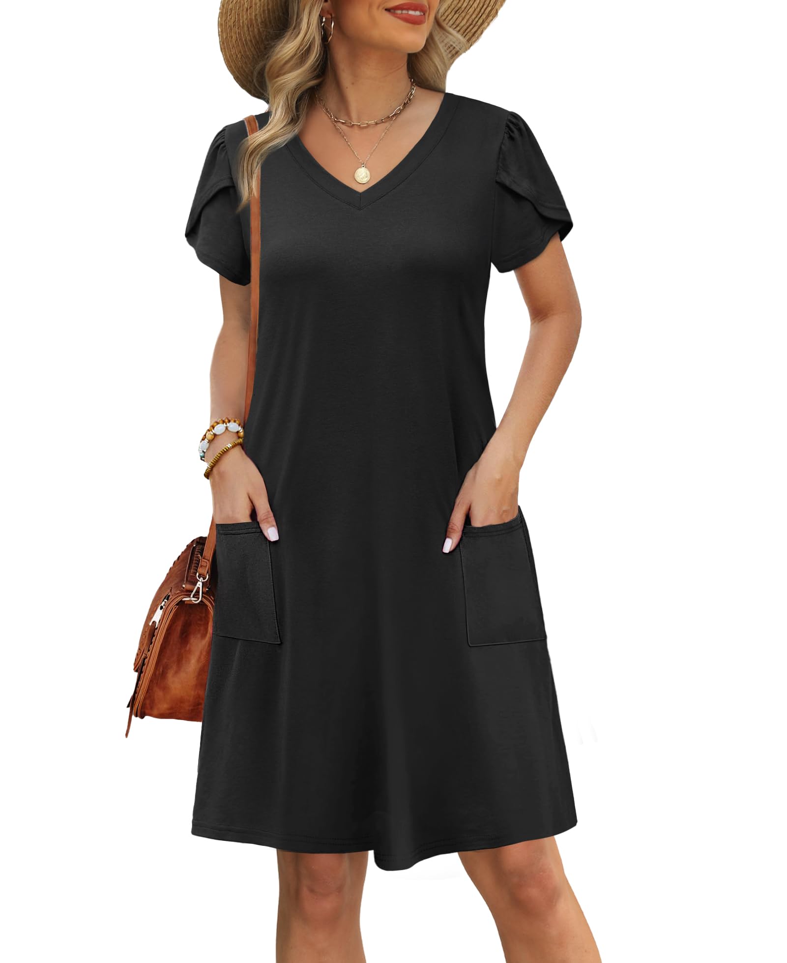 Photo 1 of OFEEFAN Plus Size Dresses for Curvy Women Summer Spring Tshirt Dress Sundresses Beach Vacation Clothes Cruise Outfits Plain Black 2XL