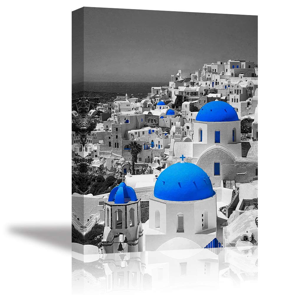 Romantic Wall Art for Bedroom, PIY Greece Aegean Sea Canvas Prints with Grey Background, Rustic Small Town Picture Decor (1" Thick Artwork, Waterproof, Bracket Mounted Ready to Hang)