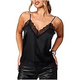 Floerns Women's Lace Trim V Neck Cami Top Spaghetti Strap Date Night Outfit Satin Camisole