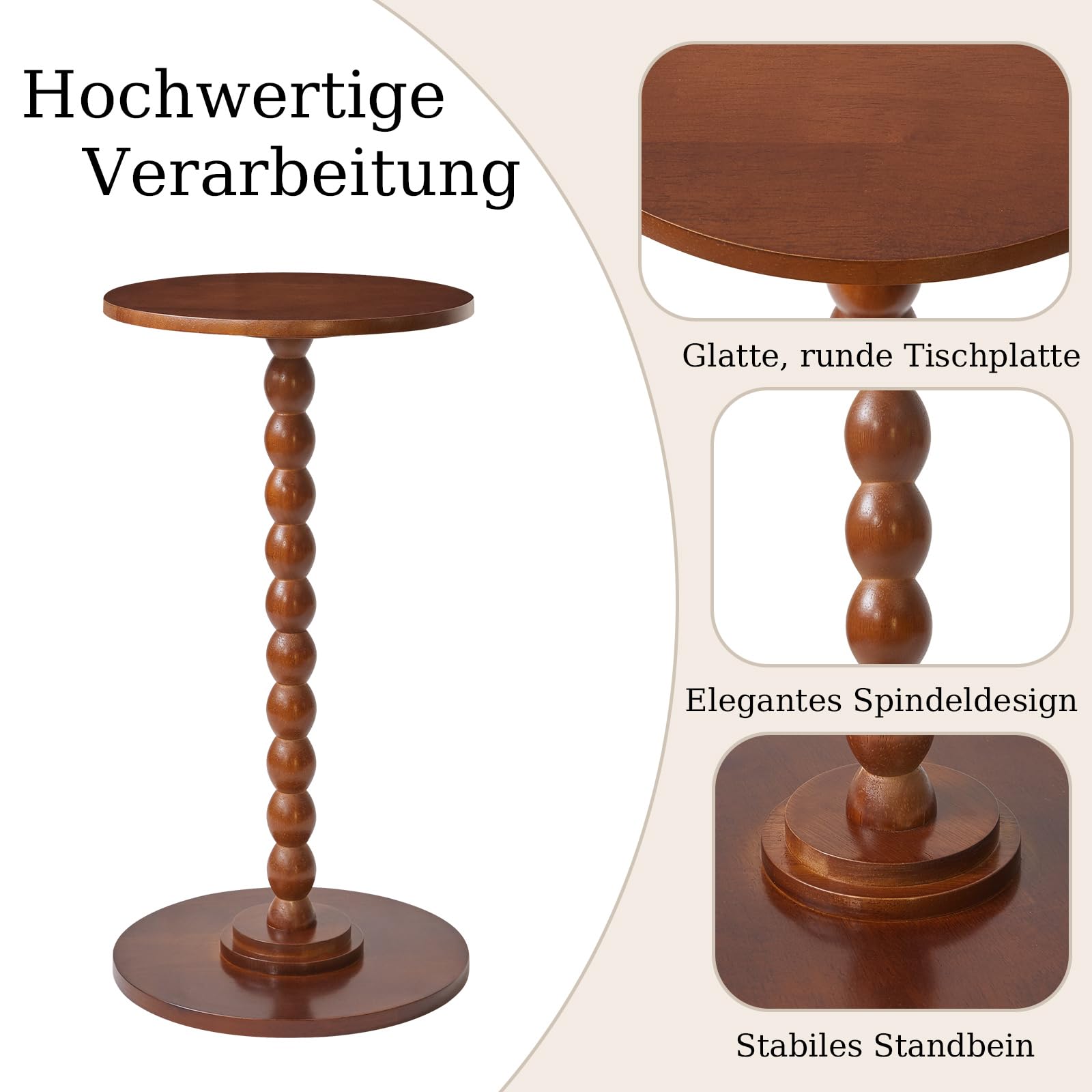 Aibiju Runder Beistelltisch, Kleiner Beistelltisch für Kleine Räume, Sofatisch, Nachttisch mit Massivholzbeinen für Schlafzimmer, Wohnzimmer, Ecken und Büro, Rustikales Braun YD-RST001H 4