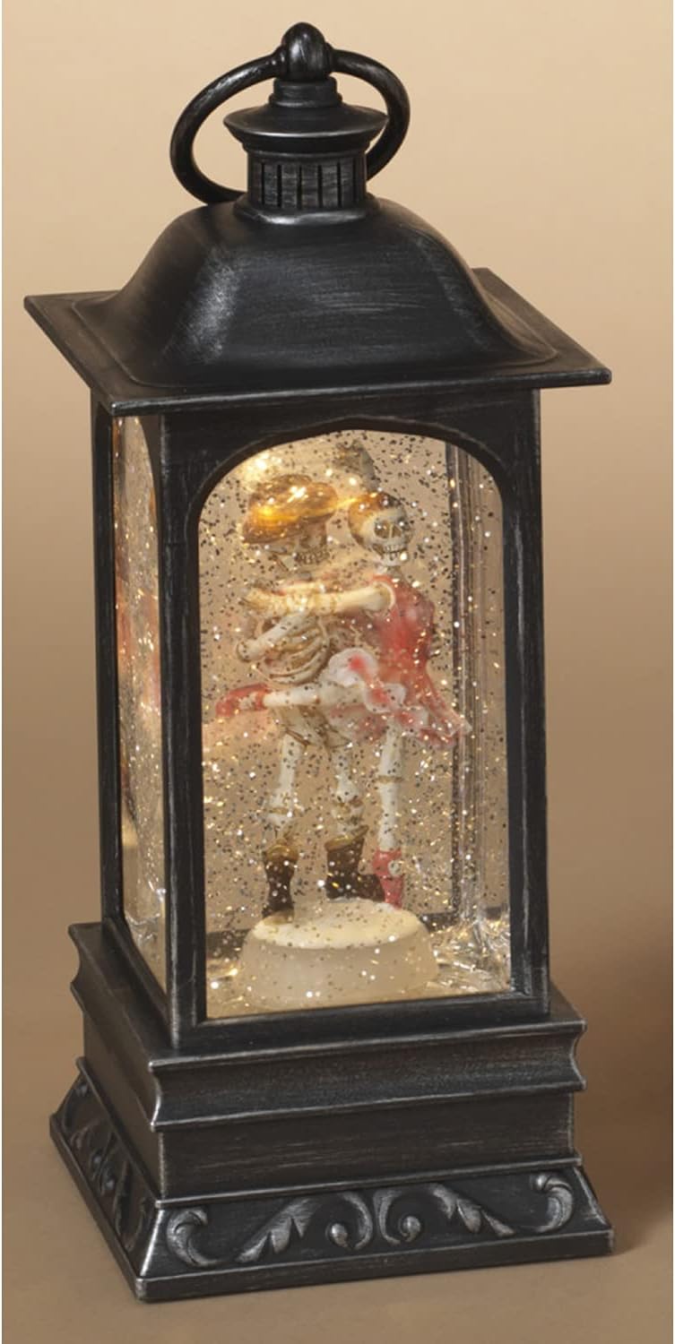 Snow Globes - One Holiday Way 9-Inch Animated Light Up Halloween Snow Globe Water Lantern with Skeleton Figurines Dancing on Pointe - Spinning Ballerina Lighted Mantel, Table Decoration - Tabletop Party Decor
