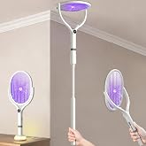 Electric Fly Swatter Racket Rotating Head 160&deg;, 27.6 in Telescopic Handle | 4000V Rechargeable 2-in-1 Bug Zapper with Digital Display, Dual Charging Base, UV Mode and Night Light for Indoor Outdoor Use
