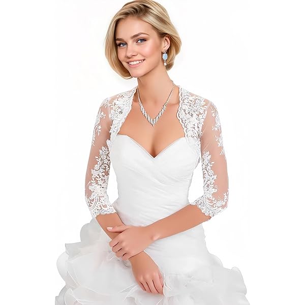 Unicra Wedding Bride Lace Shrugs for Women 3/4 Sleeves Lace Bolero Jackets  for Evening Dresses Party Bolero Shrugs Top for Dresses White at Amazon  Women's Clothing store