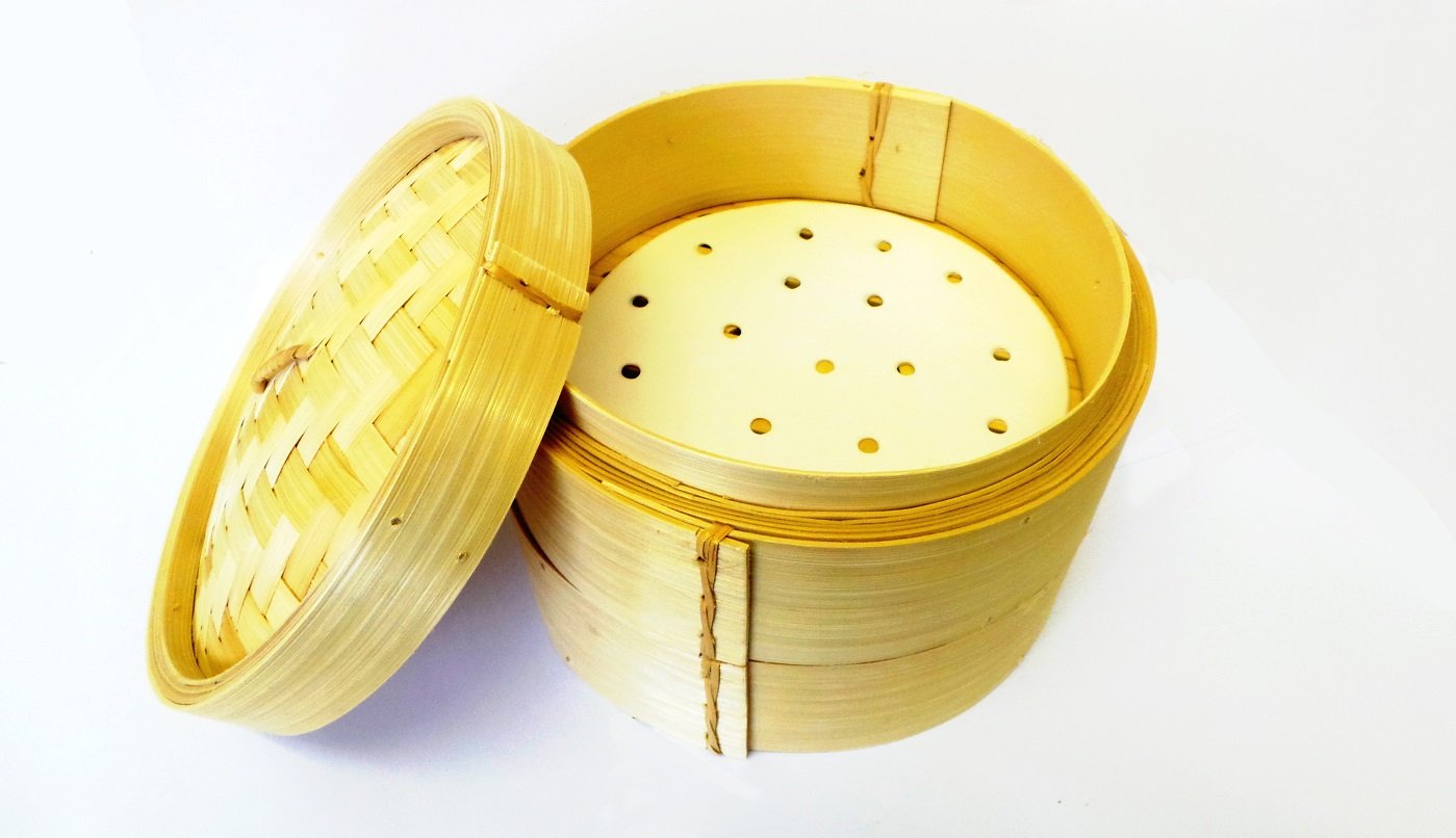 8" Round Bamboo Steamers Two Layer with One Lid and FREE 25 Dim Sum