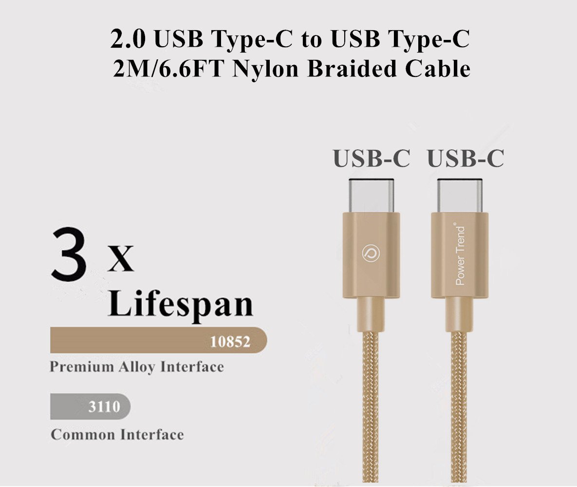 Power Trend 2M 6.6FT Nylon Braided Type C to Type C 2.0 USB Cable Data Transfer Charging Cord 480Mbps for New Apple MacBook and Nintendo Switch (Luxury Gold)