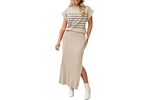 Pink Queen Women's 2 Piece Sweater Outfits Set Summer Cap Sleeve Tops Bodycon Maxi Long Skirt Knit Dresses