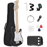 Umelody UST-70 30-Inch Kids Electric Guitar Kit, 5W Amp, Black | 30-inch lightweight guitar with maple fingerboard, 5W amp, gig bag, tuner, strap, picks, cable, and spare strings for kids