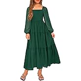 YOVION Girls Fall Long Sleeve Maxi Dress Chiffon A-Line Smocked Tiered Flowy Formal Wedding Guest Dresses for 6-12 Y