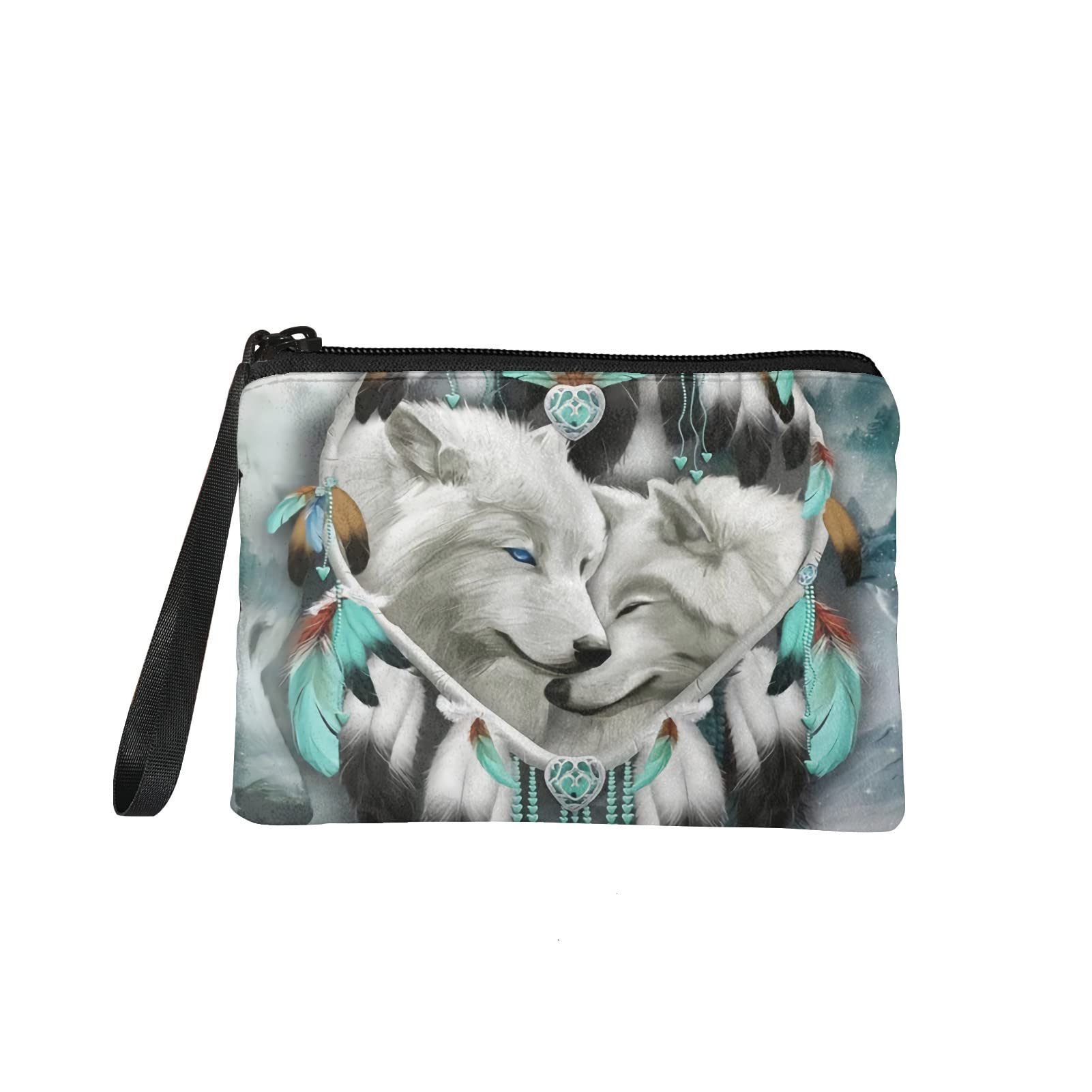 NETILGEN Zipper Wallet Pouch Cosmetic Bag with Wristlet Strap for Women, Canvas Purse Clutch Handbag, White Wolf Dream Catcher