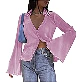LYANER Women's Deep V Neck Button Front Bell Long Sleeve Blouse Shirt Top